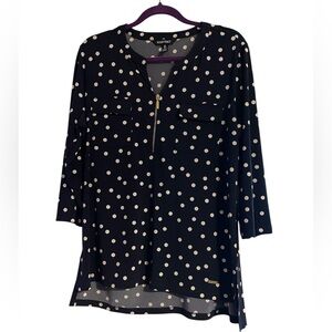 Ellen Tracy Women’s Large Long Sleeve‎ Zip Split V-Neck — Navy Polka Dot Stretch